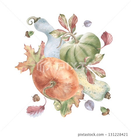 Flying pumpkins with autumn foliage in warm vintage colors hand painted. Watercolor illustration of different pumpkins, acorns, and leaves in motion isolated on white. Vegetables festive fall cards. Flying pumpkins with autumn foliage in warm vintage colors hand painted. Watercolor illustration of different pumpkins, acorns, and leaves in motion isolated on white. Vegetables festive fall cards. 131228421