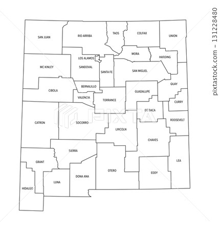 State of New Mexico, divided into 33 counties, outline map. State in the Southwestern region of the United States, one of the Mountain States, nicknamed The Land of Enchantment. Isolated illustration. State of New Mexico, divided into 33 counties, outline map. State in the Southwestern region of the United States, one of the Mountain States, nicknamed The Land of Enchantment. Isolated illustration. 131228480