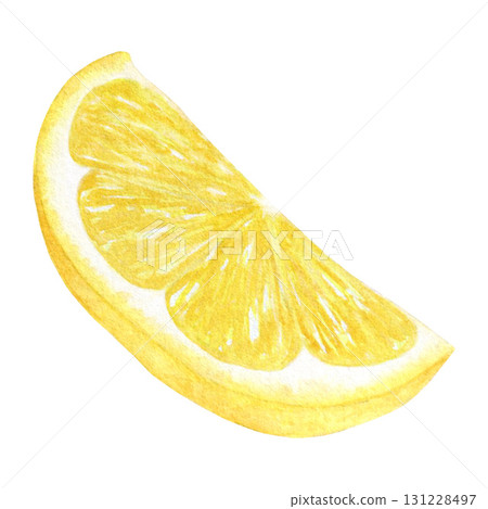 Lemon slice, tropical fruit, half of a juicy lemon. Hand-drawn in watercolor isolated on a white background. Suitable for the design of menus, cosmetics, packaging, postcards. 131228497