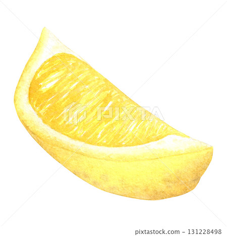 Lemon slice, tropical fruit, half of a juicy lemon. Hand-drawn in watercolor isolated on a white background. Suitable for the design of menus, cosmetics, packaging, postcards. Lemon slice, tropical fruit, half of a juicy lemon. Hand-drawn in watercolor isolated on a white background. Suitable for the design of menus, cosmetics, packaging, postcards. 131228498