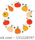 Autumn wreath with pumpkins and leaves. Bright vector illustration with pumpkins circle frame and space for text inside. Perfect for Thanksgiving, Halloween, seasonal decor, and autumn themed projects 131228597