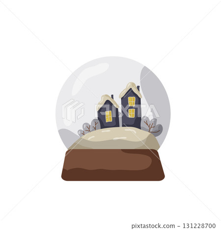 Winter scene featuring cozy houses in a snow globe surrounded by white snow Winter scene featuring cozy houses in a snow globe surrounded by white snow 131228700