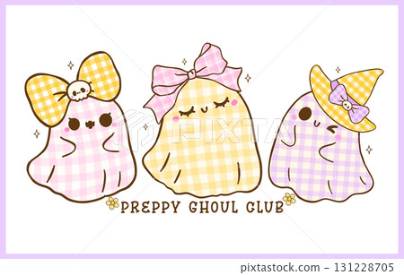 Coquette Girly Halloween Ghosts Spooky Cute Gingham with Bow Cartoon Hand Drawn set Coquette Girly Halloween Ghosts Spooky Cute Gingham with Bow Cartoon Hand Drawn set 131228705