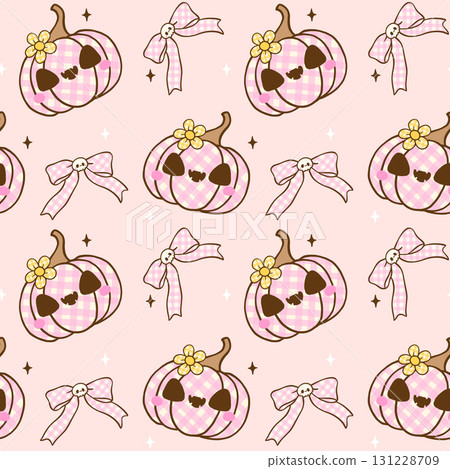 Coquette Girly Halloween Pumpkin Jack O Lantern Seamless Pattern, Spooky Cute Pink Autumn Pumpkin Gingham with Ribbon Bow Repeat Background. 131228709