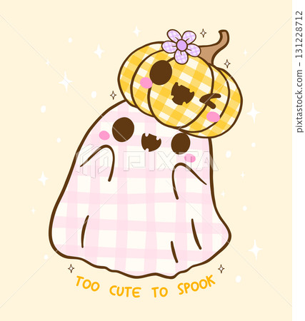Coquette Girly Halloween Spooky Cute Ghost Gingham with Pumpkin Cartoon Hand Drawn, too cute too spooky 131228712