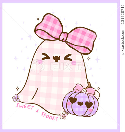Coquette Girly Halloween Spooky Cute Ghost Gingham with Pumpkin Cartoon Hand Drawn 131228713