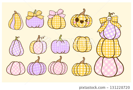 Coquette Pastel Autumn, cute girly gingham preppy pumpkin autumn cartoon hand drawn doodle illustration Set Coquette Pastel Autumn, cute girly gingham preppy pumpkin autumn cartoon hand drawn doodle illustration Set 131228720