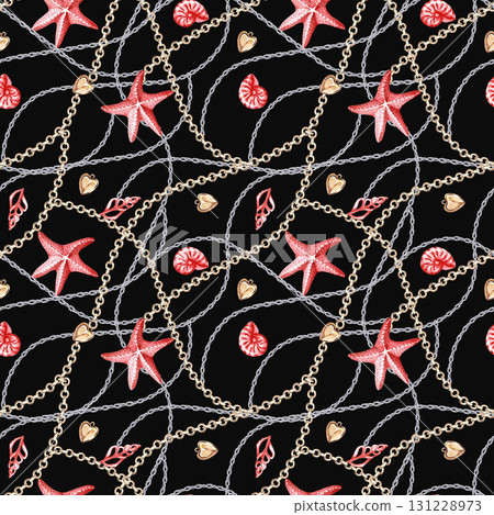 A seamless pattern with intertwined gold and silver chains, starfish, and shells on a black background. Watercolor illustration for jewelry packaging design, display cases, and fabric printing. A seamless pattern with intertwined gold and silver chains, starfish, and shells on a black background. Watercolor illustration for jewelry packaging design, display cases, and fabric printing. 131228973