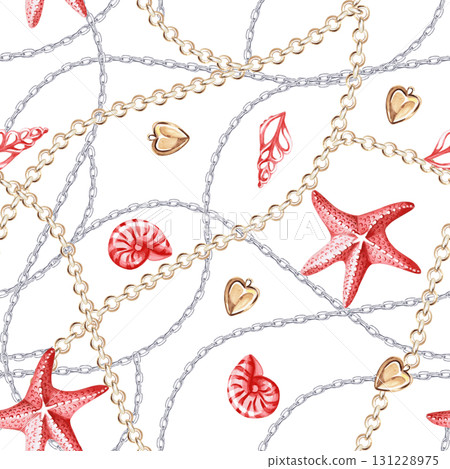 A seamless pattern with intertwined gold and silver chains, starfish, and shells. Isolated watercolor illustration for jewelry packaging, display cases, fabric printing, and postcards. 131228975