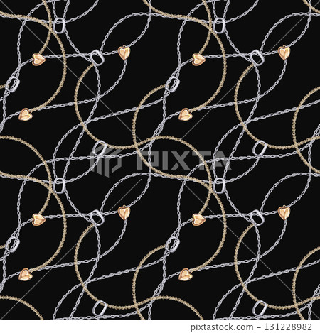 A seamless pattern with intertwined gold and silver chains and pendants on a black background. Isolated watercolor illustration for jewelry packaging, display cases, fabric printing, and postcards. A seamless pattern with intertwined gold and silver chains and pendants on a black background. Isolated watercolor illustration for jewelry packaging, display cases, fabric printing, and postcards. 131228982