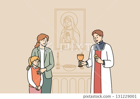 Mom brought daughter to church to talk with priest standing near altar with portrait of Virgin Mary 131229001