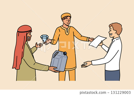 Business people exchange valuable resources among themselves, dressed in national clothes 131229003