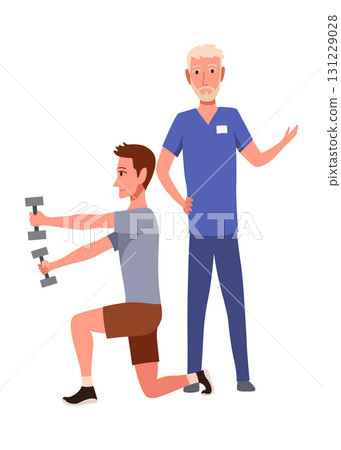 Therapist helping patient during physio therapy and rehabilitation. Physiotherapy treatment for man with physical disabilities. Flat graphic vector illustration isolated on white background 131229028