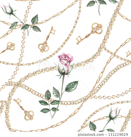 Seamless pattern with gold chains, a key, and roses. Isolated watercolor illustration for jewelry packaging design, fabric printing, window dressing, discount coupons, and New Year's cards. 131229029