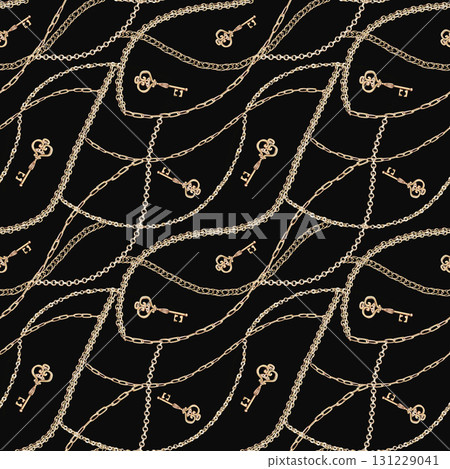 Seamless pattern with gold chains on a black background. watercolor illustration for jewelry packaging design, fabric printing, window dressing, discount coupons, and New Year's cards. 131229041