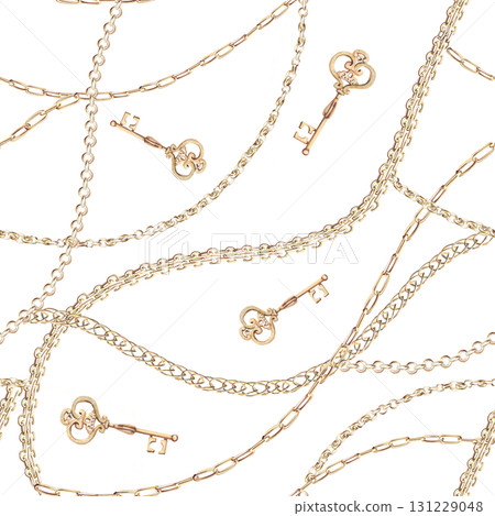 Seamless pattern with gold chains and a key. Isolated watercolor illustration for jewelry packaging design, fabric printing, window dressing, discount coupons, and New Year's cards. Seamless pattern with gold chains and a key. Isolated watercolor illustration for jewelry packaging design, fabric printing, window dressing, discount coupons, and New Year's cards. 131229048