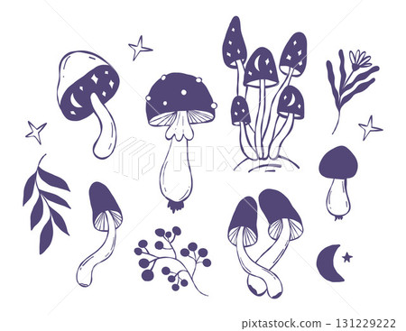 Magic Mushroom Doodles. Mystical Creepy, Space Fungi, fly agaric. Forest edible and poisonous, flower, plants and berry Sketch. Isolated Textured Hand Drawn on White. Vector Illustration. Not AI 131229222