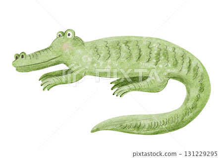 Simple crocodile watercolor illustration isolated on white. Child drawing of African savannah animal for nursery designs. Hand drawn alligator children sketch clip art for safari decor 131229295