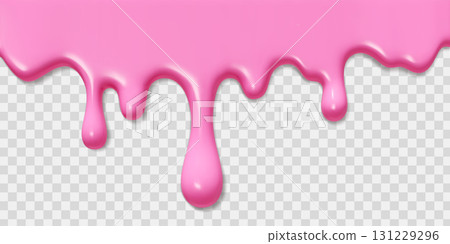 Pink ice cream background with melt drip effect for dessert designs - glossy liquid flowing down on transparent bg. Sweet candy decoration element or strawberry syrup banner with smooth texture. Pink ice cream background with melt drip effect for dessert designs - glossy liquid flowing down on transparent bg. Sweet candy decoration element or strawberry syrup banner with smooth texture. 131229296