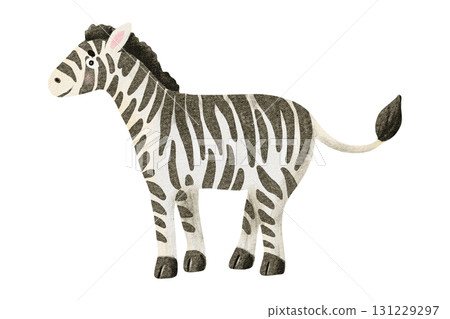 Watercolor zebra illustration isolated on white. Hand drawn African safari animal for kids and nursery decor, Cute child drawing black and white savannah character clip art 131229297
