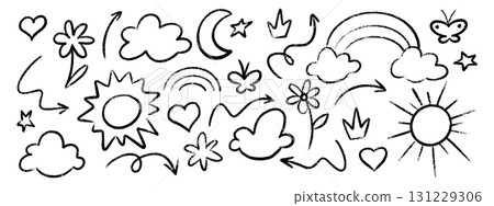 Hand drawn crayon doodles by kid for school with cute child artwork style - hearts and flowers, sun and clouds, rainbow, moon and stars, butterfly. Simple sketch collection with crowns and arrows Hand drawn crayon doodles by kid for school with cute child artwork style - hearts and flowers, sun and clouds, rainbow, moon and stars, butterfly. Simple sketch collection with crowns and arrows 131229306