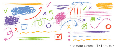Colorful line collection with pencil crayon or chalk arrow mark and emphasis underline for annotations - checkmarks and circles, scribbles and wavy strokes. Hand drawn boxes for highlighting text. Colorful line collection with pencil crayon or chalk arrow mark and emphasis underline for annotations - checkmarks and circles, scribbles and wavy strokes. Hand drawn boxes for highlighting text. 131229307