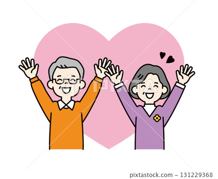 A large heart and an elderly man and woman smiling and raising their arms in celebration. Vector illustration material - color 131229368