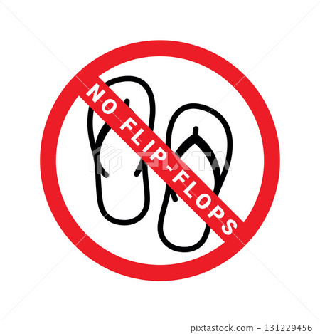 No flip-flops allowed sign. Black beach sandals crossed by a red prohibition circle. Vector illustration of forbidden open footwear, No flip-flops allowed sign. Black beach sandals crossed by a red prohibition circle. Vector illustration of forbidden open footwear, 131229456