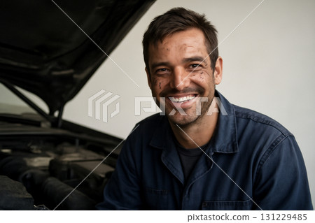 AI generated image of a mechanic smiling with grease on his face under a car hood. Captures a genuine expression of hard work and blue-collar profession in a clean, professional setting. AI generated image of a mechanic smiling with grease on his face under a car hood. Captures a genuine expression of hard work and blue-collar profession in a clean, professional setting. 131229485