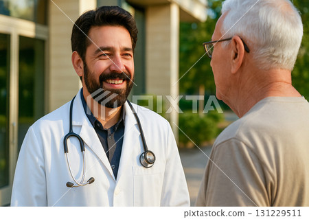 Smiling Male Doctor Talking with Elderly Patient Outdoors 131229511