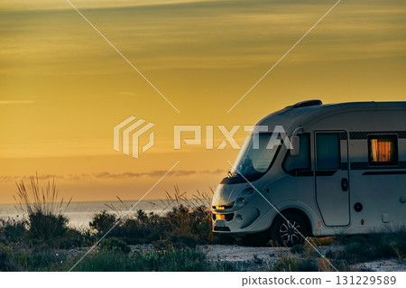 Caravan on nature in the morning at sunrise 131229589