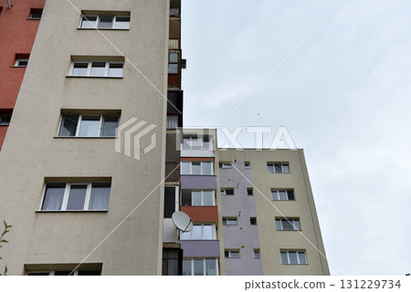 Typical facade of concrete panel building. Post Soviet flat of blocks Typical facade of concrete panel building. Post Soviet flat of blocks 131229734