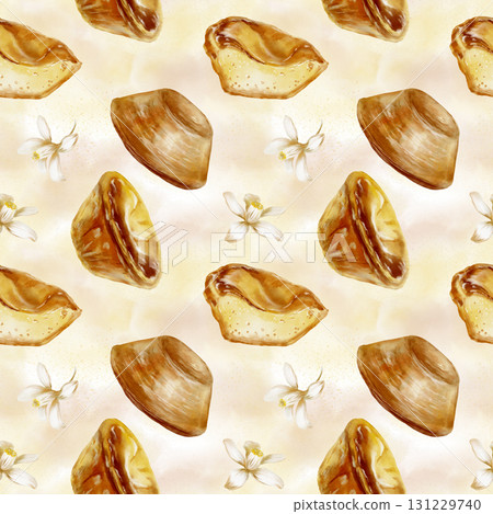 Pastel de nata-traditional Portuguese dessert with lemon tree flowers in seamless pattern.Hand-drawn food watercolor illustration.For bakery branding,travel blogs about Portugal Pastel de nata-traditional Portuguese dessert with lemon tree flowers in seamless pattern.Hand-drawn food watercolor illustration.For bakery branding,travel blogs about Portugal 131229740