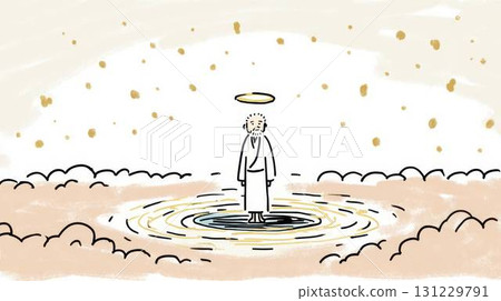 一位已故男子靜靜地站在雲端，這是一幅精神插圖 131229791