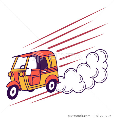 Cartoon Style TukTuk Illustration, Speed Lines and Smoke Design, Colorful 131229796