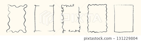 Hand drawn whimsical wavy frames. Decorative borders with curly sketch lines. Concept of vintage ornament design for wedding invitation, holiday card, poster, trendy party style. Vector illustration. 131229804