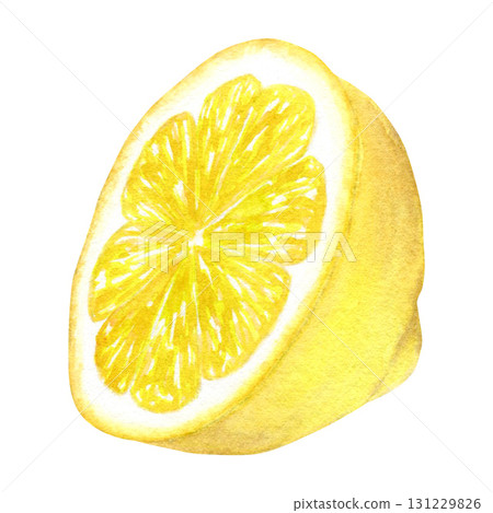 Half a lemon, watercolor illustration of a tropical fruit. Hand drawn isolated on a white background. Suitable for the design of menus, packaging, cosmetics, cards. 131229826