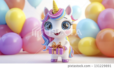 3d cartoon unicorn holding a gift box. AI-generated item 3d cartoon unicorn holding a gift box. AI-generated item 131229891