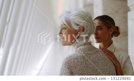AI-generated item. Young woman comforting an elderly woman by placing a hand on her shoulder. AI-generated item. Young woman comforting an elderly woman by placing a hand on her shoulder. 131229892