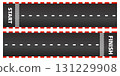 Race road Start and finish top view asphalt track, sport speedway racetrack, competition roadway. border red and white. 131229908