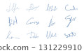 Fake autograph collection hand drawn signature blue doodle sketch free hand pen sign. Ink name sample for contract, certificate, scribble line font. 131229910