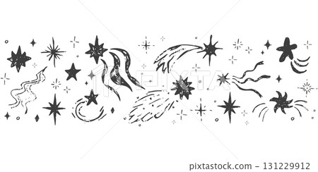 Star border spark crayon bling falling stars textured hand drawn divider. Simple chalk festive shiny space elements, festive lights  131229912