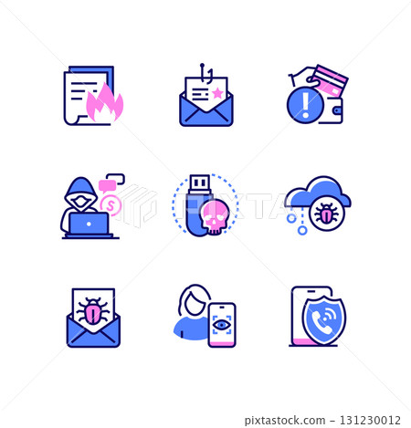 Computer attacks - colorful line design style icons Computer attacks - colorful line design style icons 131230012