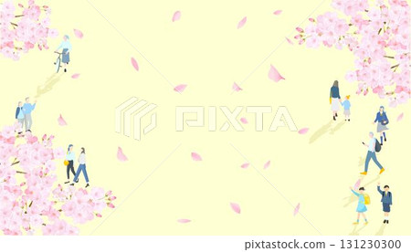 Cherry blossoms and people seen from above - Full body - Cherry blossom viewing season - New semester - Spring - Cherry blossoms falling background vector illustration Cherry blossoms and people seen from above - Full body - Cherry blossom viewing season - New semester - Spring - Cherry blossoms falling background vector illustration 131230300