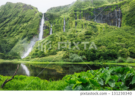 Lush green mountain with multiple waterfalls. Flores, Azores 131230340