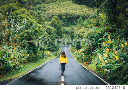 Woman in yellow jacket walks on wet road through lush green forest. Flores, Azores 131230348