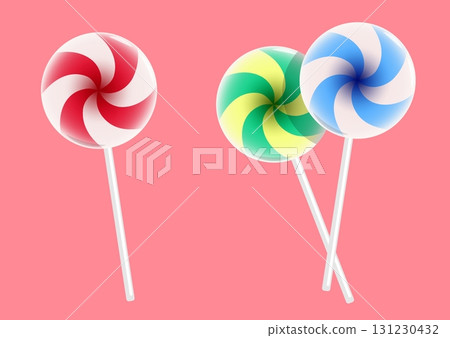 Striped round lollipop. Cartoon vector isolated on pink background 131230432