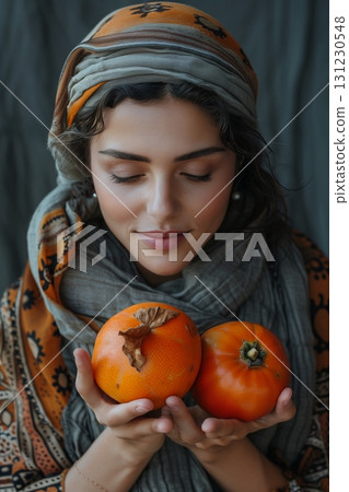 A woman in a scarf gently holds two bright pumpkins, embodying the warmth and joy of autumn harvest. 131230548
