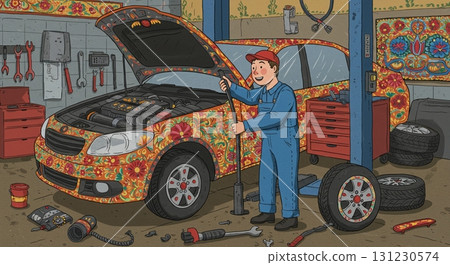 太棒了!一幅民間藝術風格的繪畫,描繪了一位機械師和他的汽車。 太棒了!一幅民間藝術風格的繪畫,描繪了一位機械師和他的汽車。 131230574