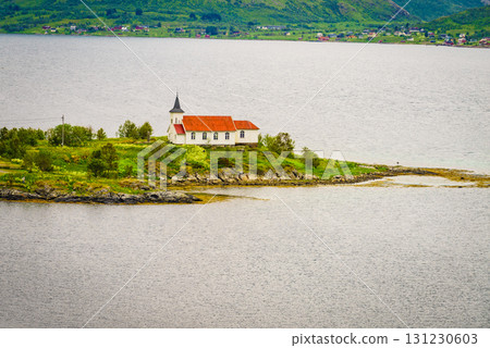 Fjord landscape with church. Lofoten Norway 131230603